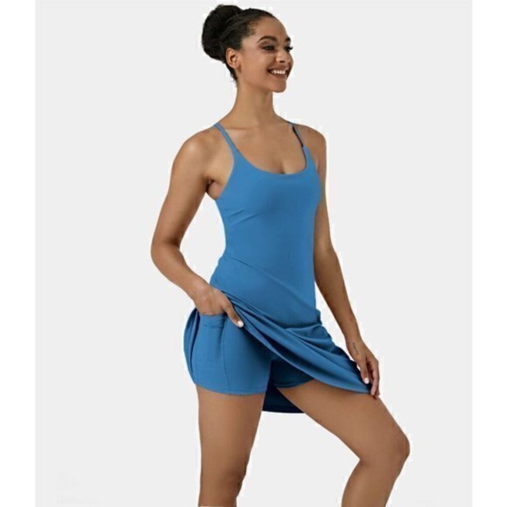 Halara Euphoria Air-Longer Dress & Adjustable Straps in Vallarta Blue Size M NWT